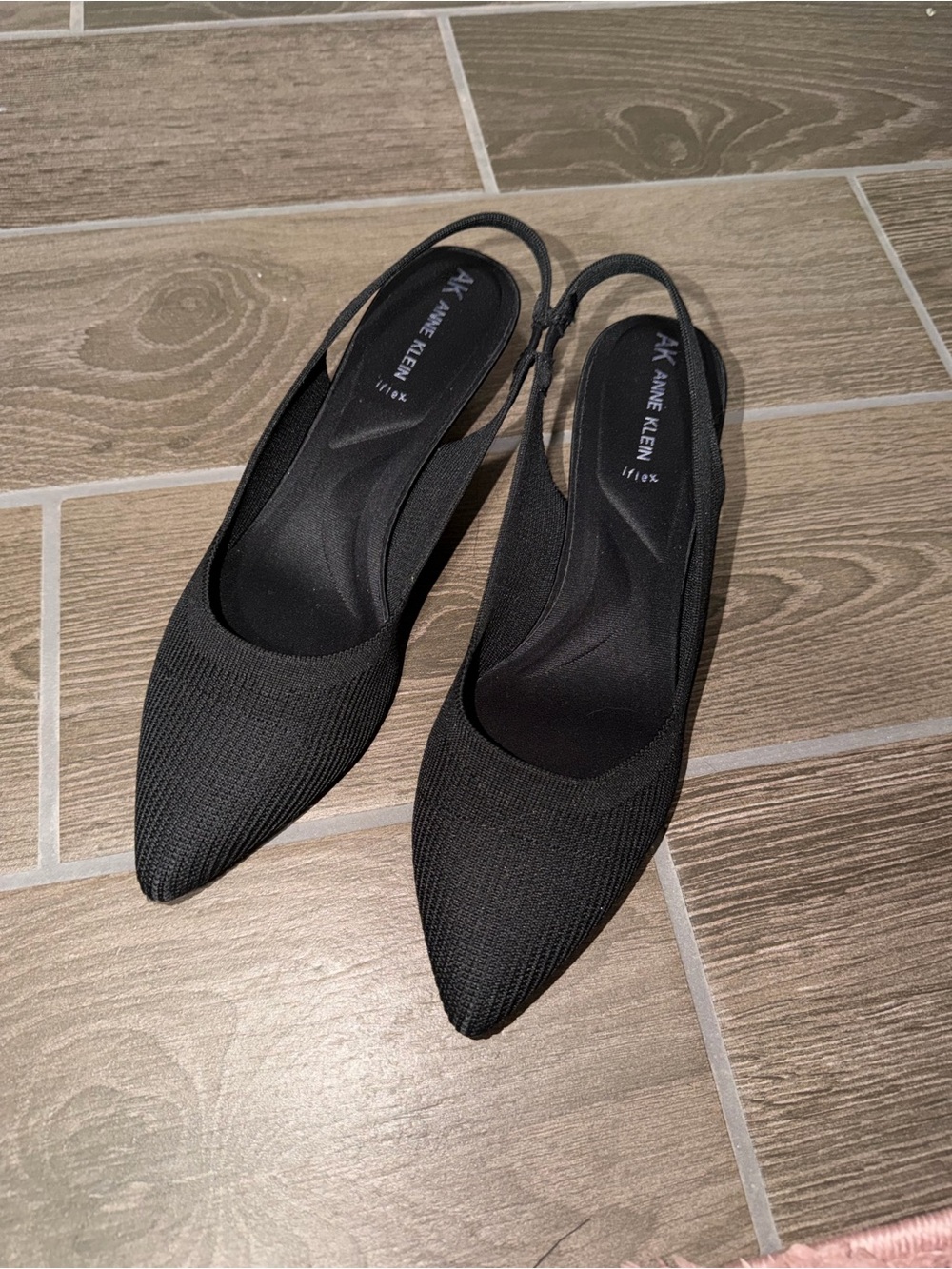 Anne Klein Black Knit Pointed Slingback Kitten Heels